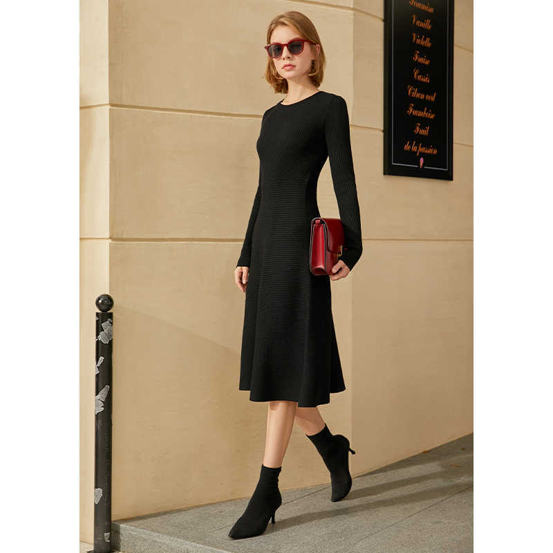 Minimalism Autumn Winter Dresses For Women Fashion Causal Solid Oneck Slim Flim Knee-length Sweater Dress 12040515 210527
