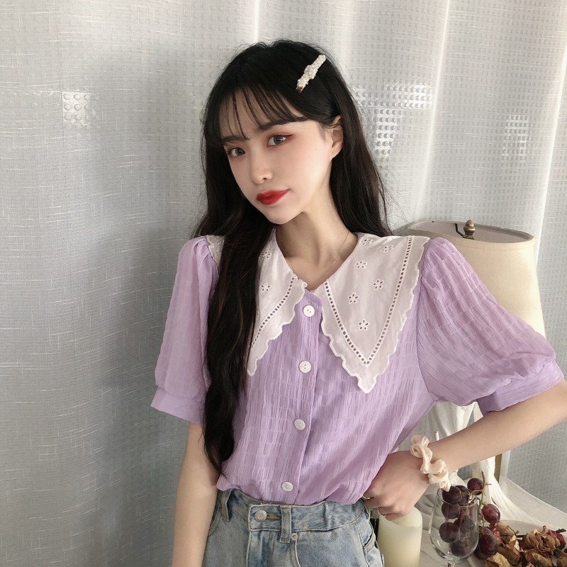 Chic Sweet Japan Summer Lace Patchwork Puff Short Sleeve Peter Pan Collar Purple Shirts Women Fashion Blusas Mujer Contrast 210429