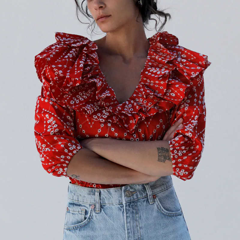 ZA Women Embroidered Eyelet Blouse Ruffle V-neck Elastic Trim Top Retro Openwork Embroidery Summer Woman Shirt 210602, Red
ZA Women Embroidered Eyelet Blouse Ruffle V-neck Elastic Trim Top Retro Openwork Embroidery Summer Woman Shirt 210602, Red