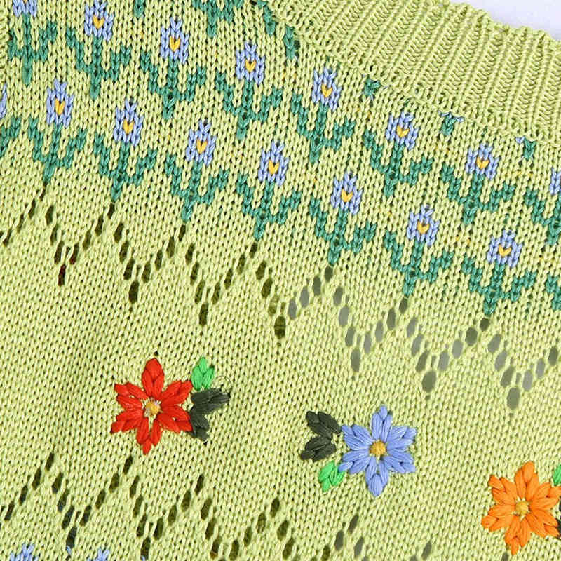 PUWD Sweet Women V Neck Single-breasted Vest Spring-autumn Fashion Ladies England Style Female Flower Knitted Top 210522