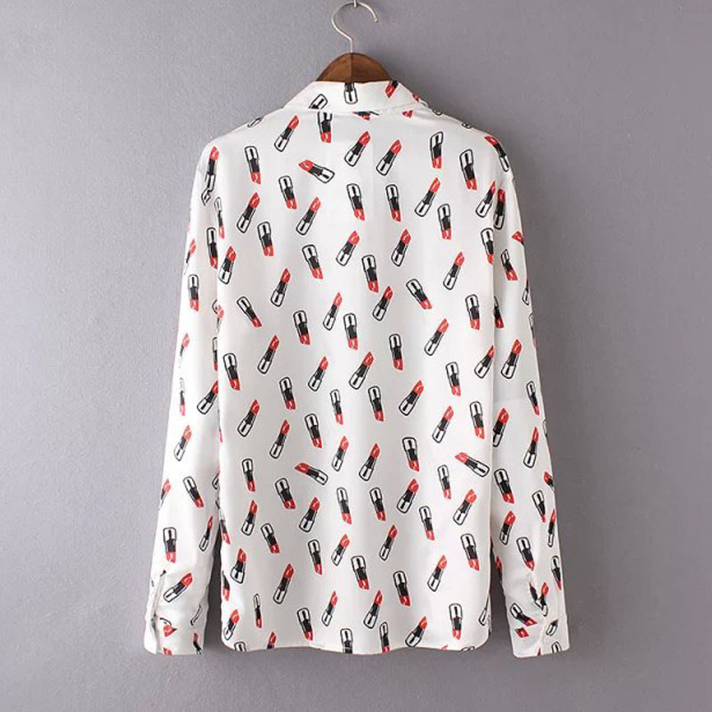 Korean Version Slim Long-sleeved Lipstick Printed Chiffon Shirt Autumn Simple Wild Elegant Women's Shirt White Black Female Tops 210507