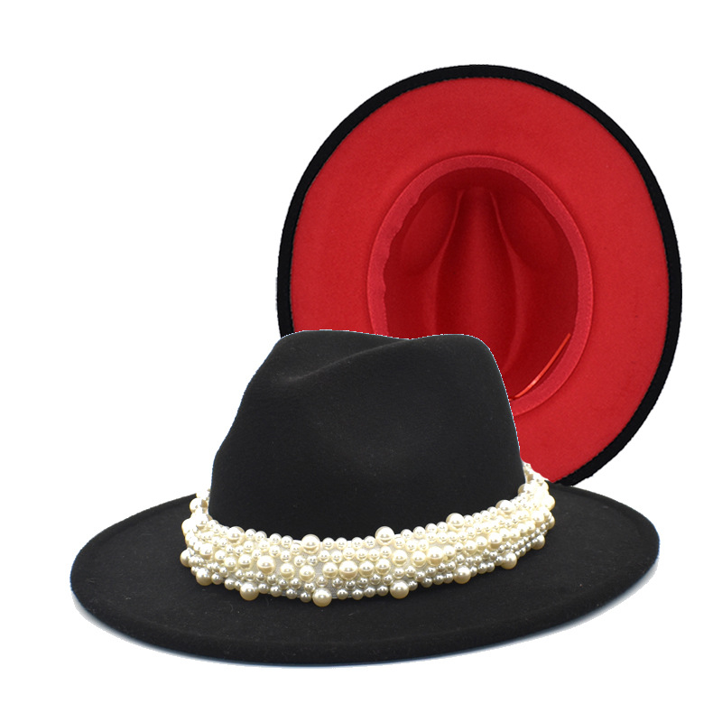 Wool Jazz Fedora Hats Casual Women Leather Pearl Ribbon Felt Hat White Pink Yellow Panama Trilby Formal Party Cap 58CM