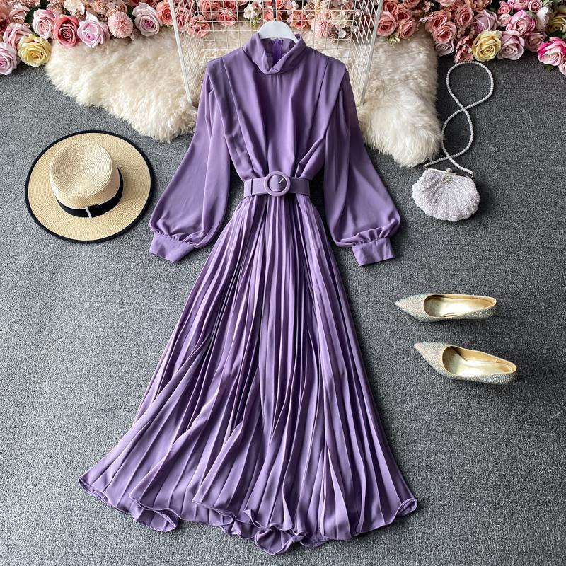 Spring Autumn Vestidos Collect Waist Stand Collar Pure Color Comfort Dress Women Elegant Dresses Lantern Sleeve Fashion Outwear 210521