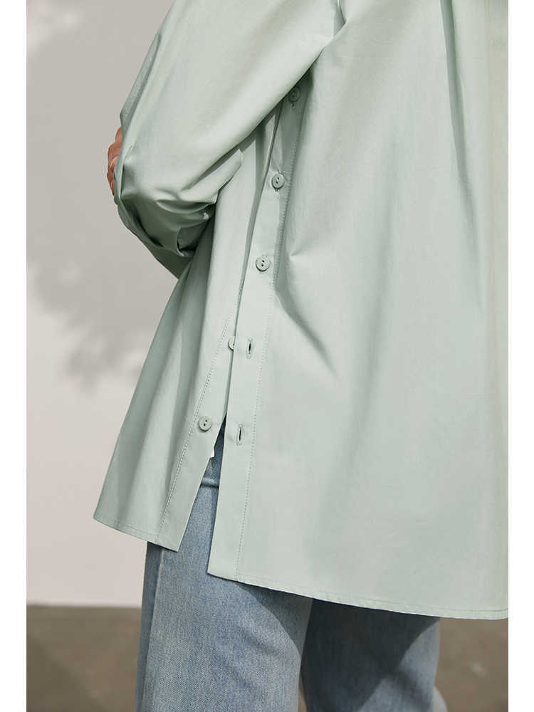 Minimalism Spring Women's Blouse Offical Lady 100%Cotton Solid Stand Collar Loose Female Tops Shirt 12130128 210527