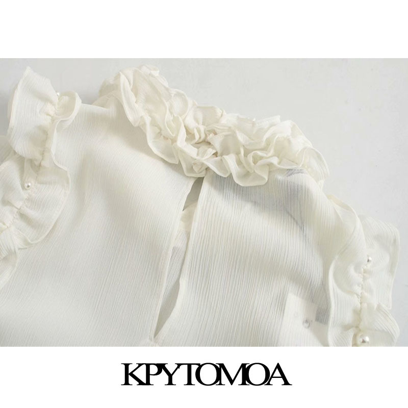 Women Sexy Fashion Pearl Beading See Through Ruffled Blouses High Neck Sleeveless Female Shirts Chic Tops 210420