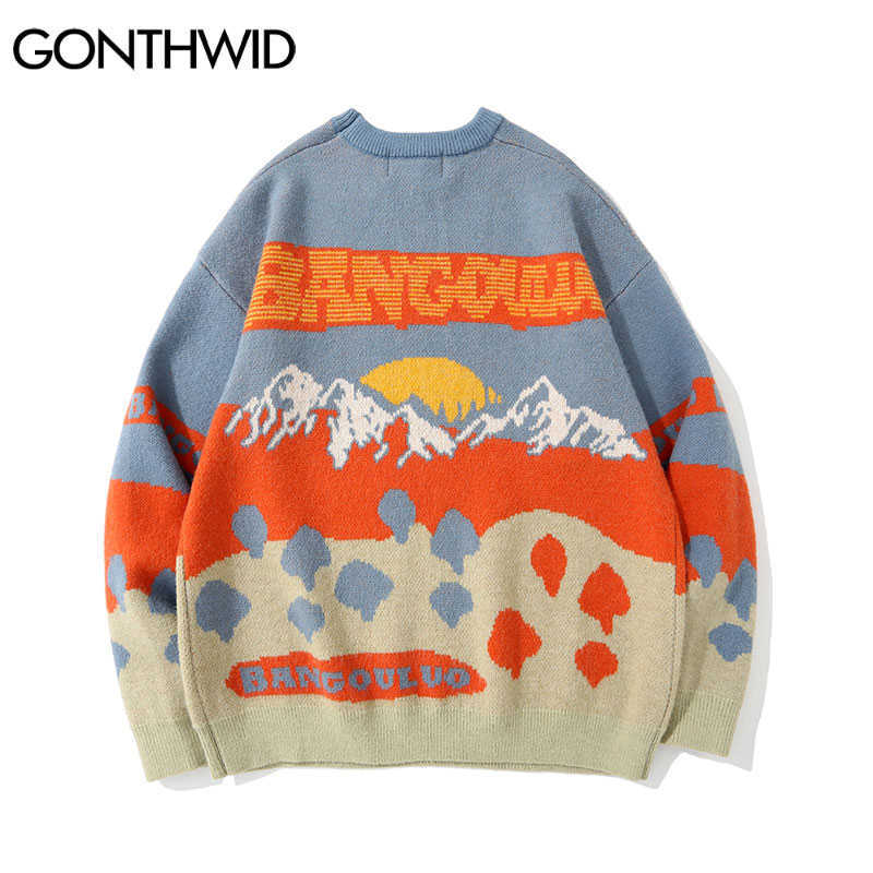 GONTHWID Sweaters Hip Hop Knitted Mountain Landscape Pullover Sweater Harajuku Hip Hop Fashion Casual Streetwear Knitwear Tops 210929