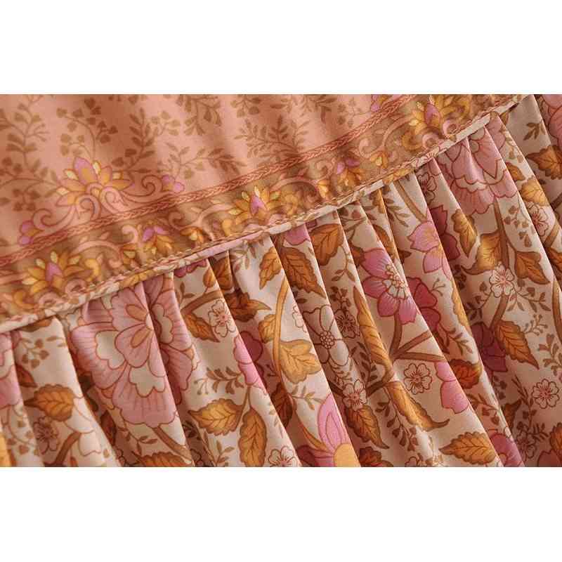 Bohemia Bandage Lacing up Collar Orange Floral Print Dress BOHO Woman Hit Color Long Sleeve Maxi Holiday Dresses 210429