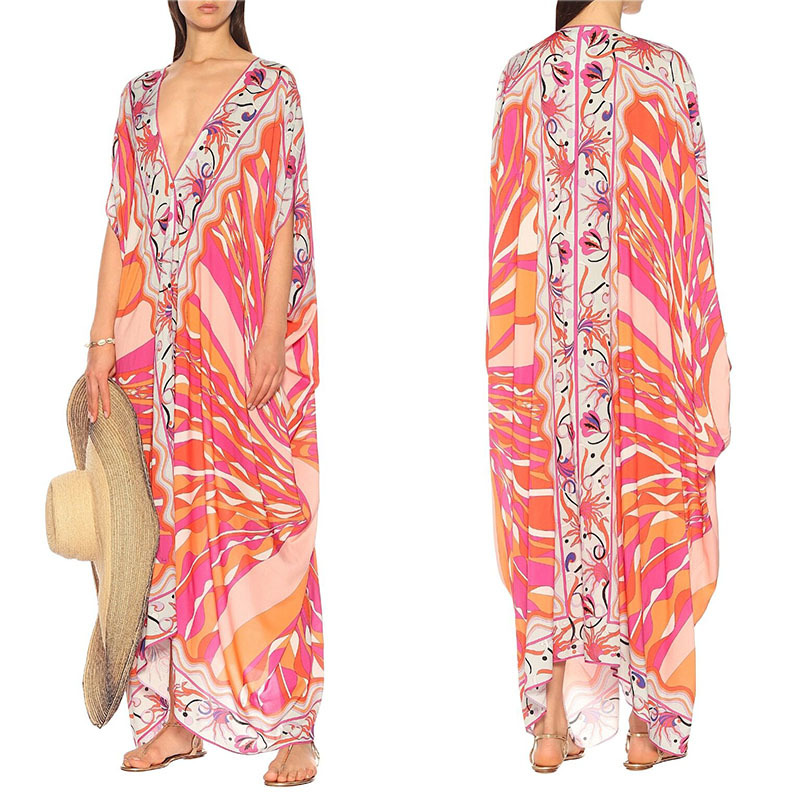 VKBN High Quality Silk Women Long Dress Batwing Sleeve Three Quarter V-Neck Geometric Pattern Printing Maxi Dresses for Women 210507