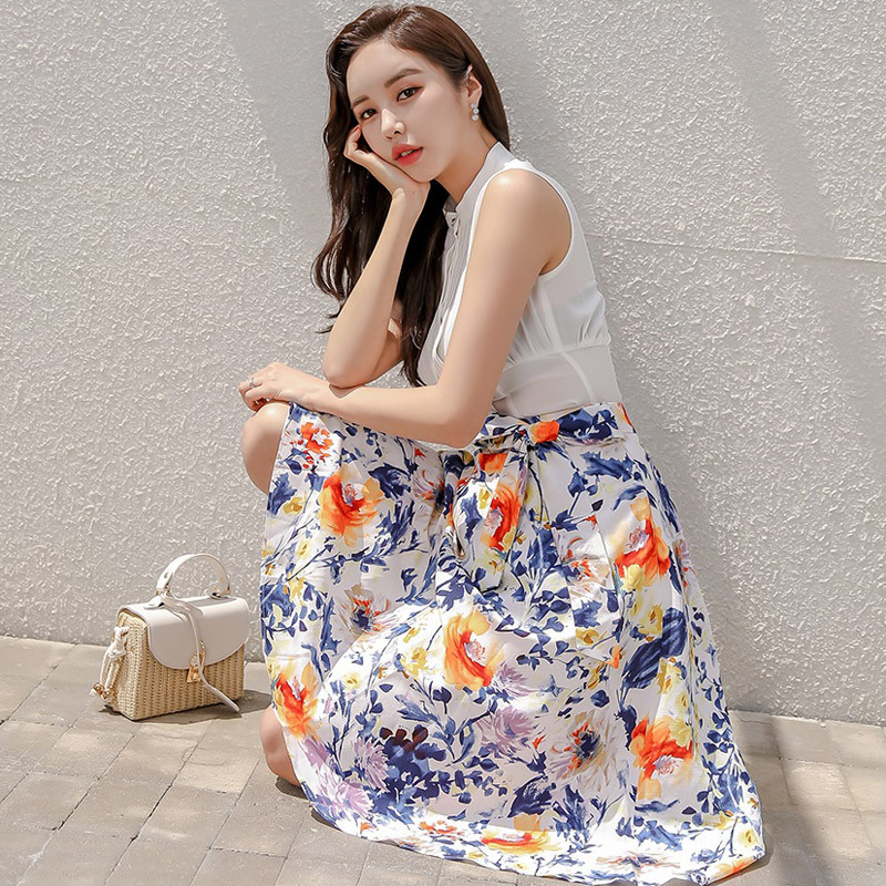 Women Summer 2 Pieces Suits White Sleeveless Shirts Top And Lace-up Print Skirts OL Casual Work Wear Set 210506