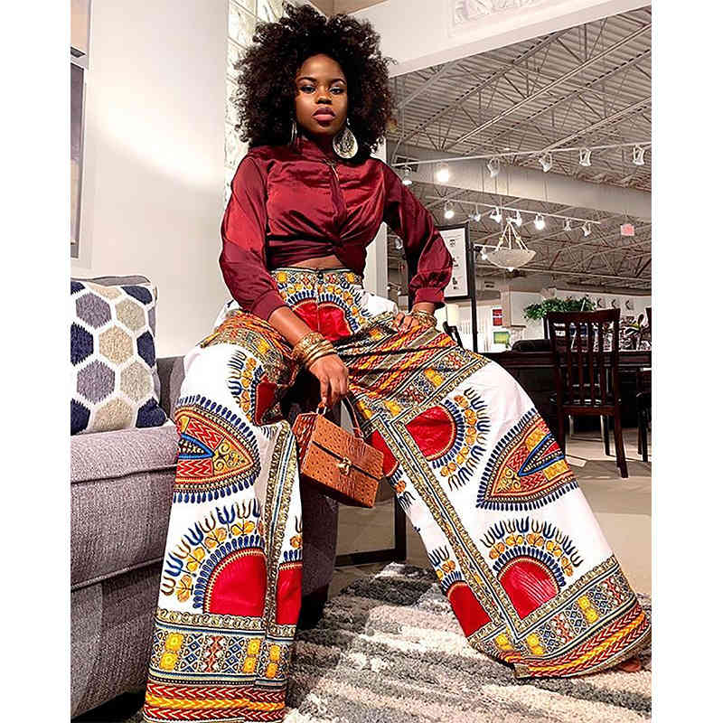 Women Pants Capris High Waist Printing Wide Leg Plus Size Long Trousers Fashion Casual 210513