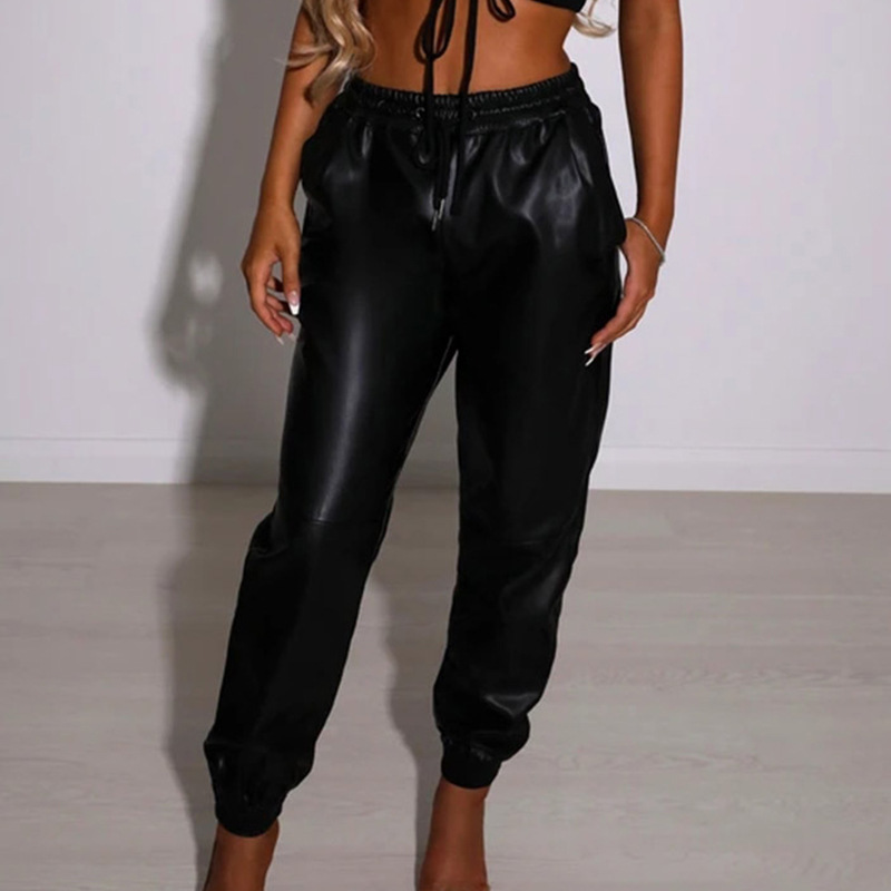 Women Pants Elastic Waist Trousers Loose Casual Leather Fashion PU Harem Plus Size 210513