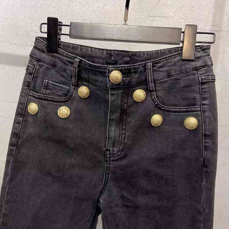 Patchwork Rivet Slim Jeans For Women High Waist Elastic Black Casual Denim Pants Female Fashion Clothing 210521