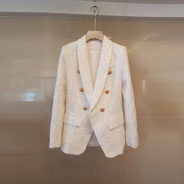 High-quality Double Breasted Woven Tweed Women Blazer Notched Collar Jacket Spring Autumn Elegant Ladies Coat 210506