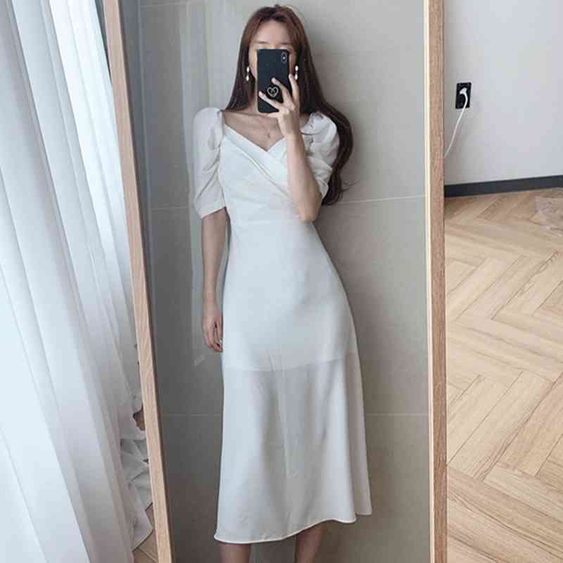 Korea White Dress Women French Style Elegant V-neck Evening Dress Puff Sleeves Party Dresses Lady Long Dresses Women Robe 13904 210519