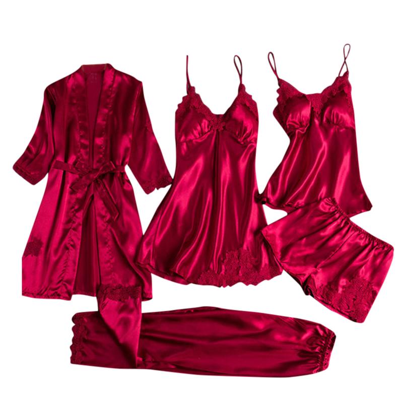Women's Sleepwear 5pcs Kimono Robe Gown Satin Pajama Set Women Pour Femme Lace Trim Intimate Lingerie Loungewear V-neck Bathrobe Suit