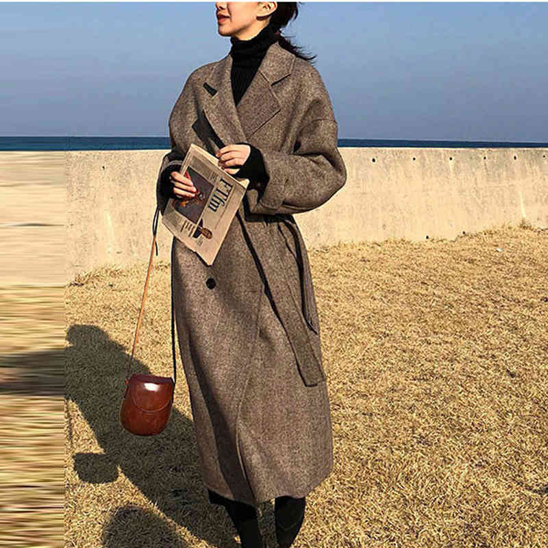 Striped Fashion Wool Coat Jacket Women Lace Up Long Blend Elegant Ladies Coats Plus Size Turn Down Collar Outwear Abrigo Mujer 210515