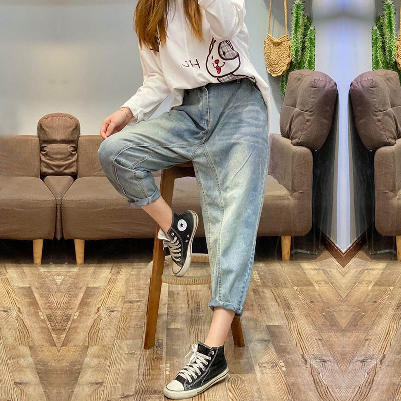 Spring Korea Fashion Elastic Waist Loose Embroidery Ladies Jeans All-matched Casual Cotton Denim Harem Pants Plus Size S633 210512