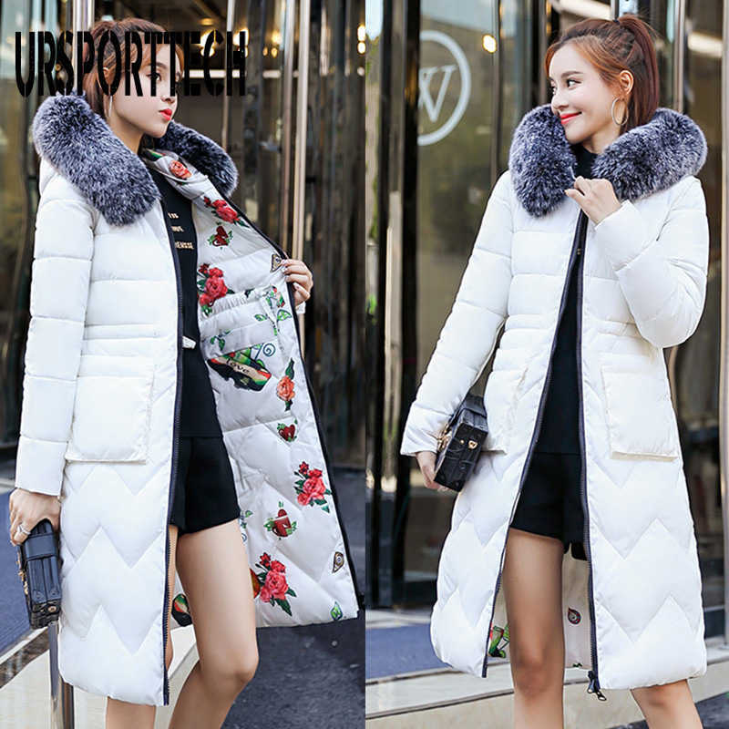 URSPORTTECH Arrival Winter Jacket Women Parka With Fur Hooded Thick Warm Long Padded Coat Female Outwear Print Parkas 210528