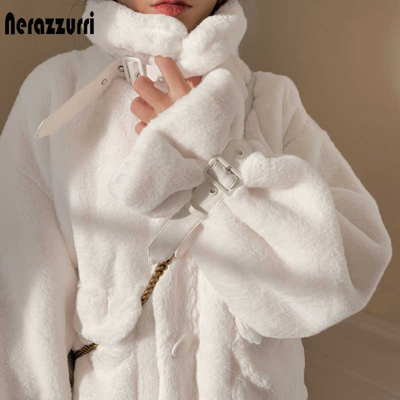 Nerazzurri Kawaii white soft fluffy faux fur jacket women long sleeve zipper pockets Pink coats and jackets fashion 210928