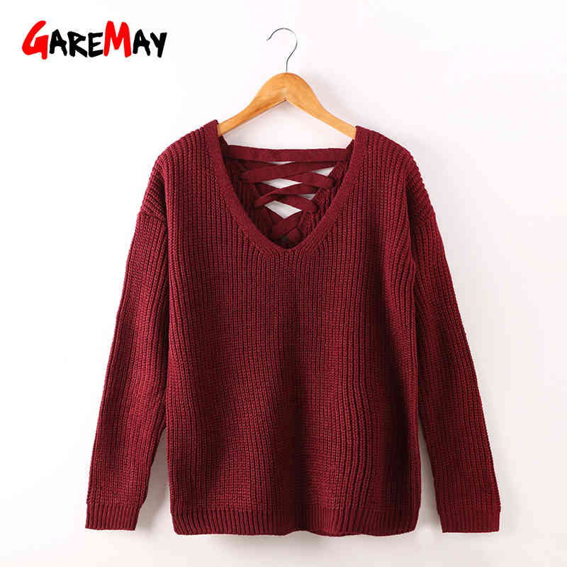 Knitted Sweater Women Autumn Fall Fashion Backless V Neck Jumpers Ladies s Wine Red Female Pullover 210428