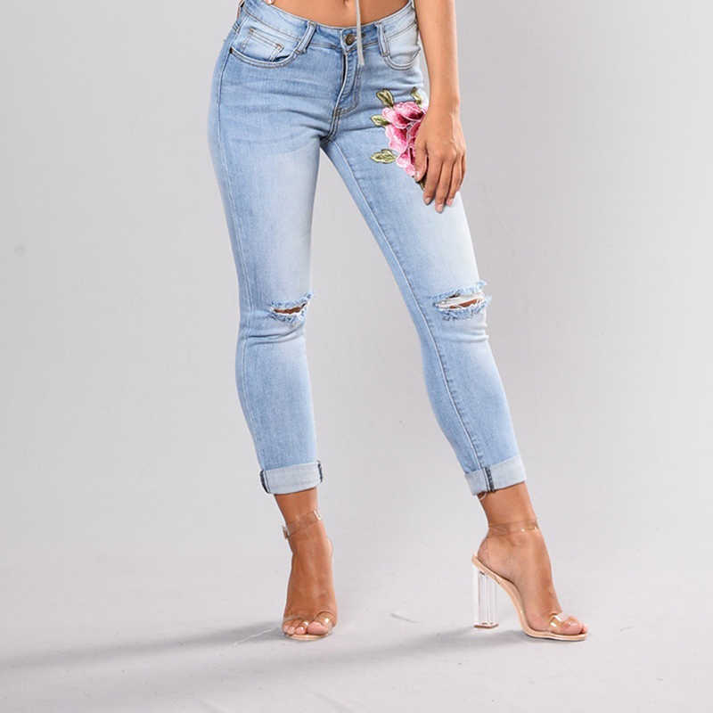 Stretch Embroidered Jeans For Women Elastic Flower Female Slim Denim Pants Hole Ripped Rose Pattern Pantalon Femme 210922