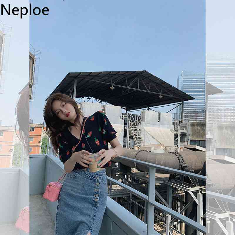Neploe Black Knitted Cardigan Women Summer Sweet Strawberry V Neck Crop Tops Korean Fashion Thin Short Sleeve Sweater T Shirt 210422