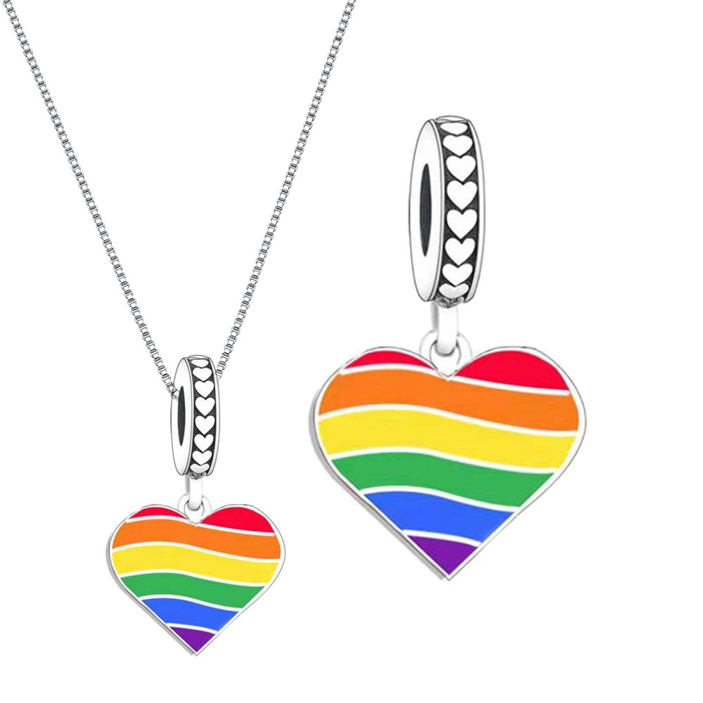 925 Sterling Silver LGBT Rainbow Love Heart Dangle Charm Beads Fit Original PAN Bracelet For Women Making Jewelry