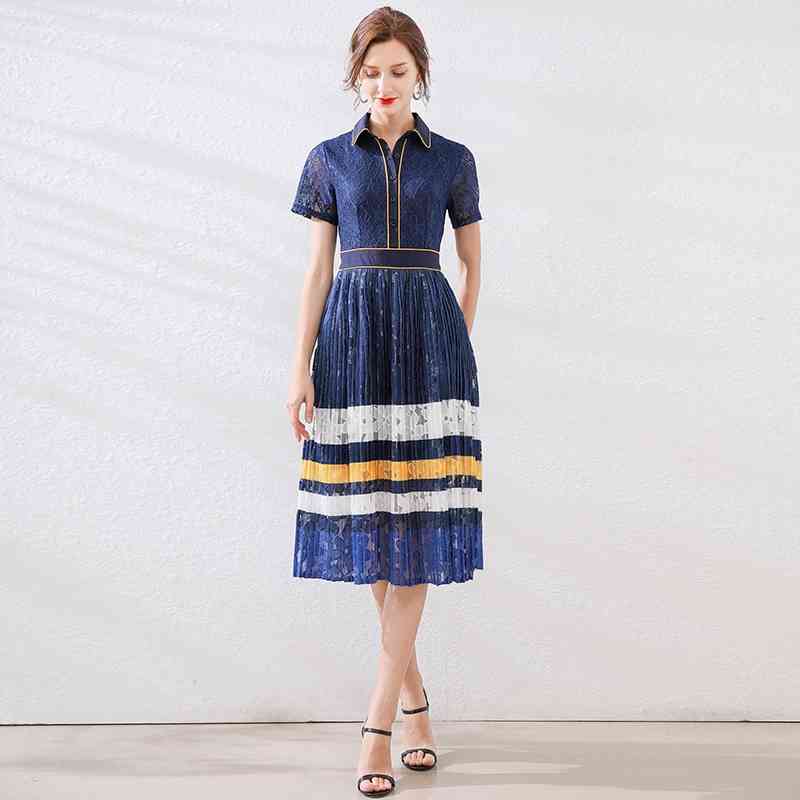Summer Woman Lace Pleated Dress Striped Blue Ladies Slim Short Sleeve Party Female Casual Dresses 210506