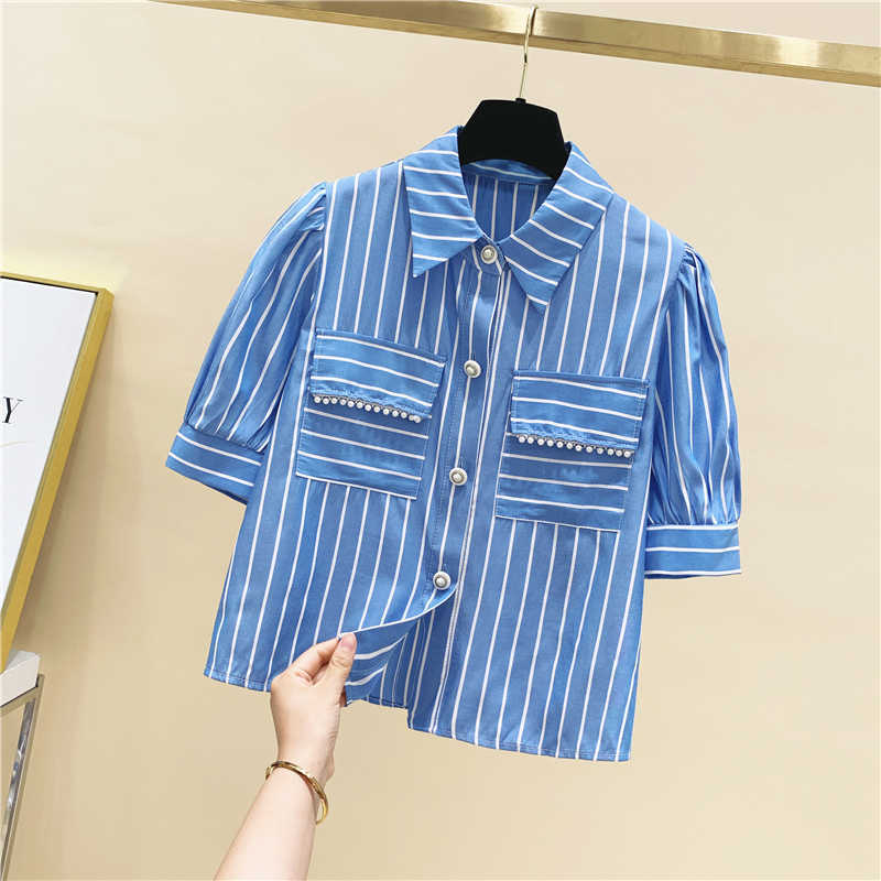 Blue Vertical Stripe Pocket Bead Short Sleeve Loose Turn-down Collar Shirts Womens Tops 210615