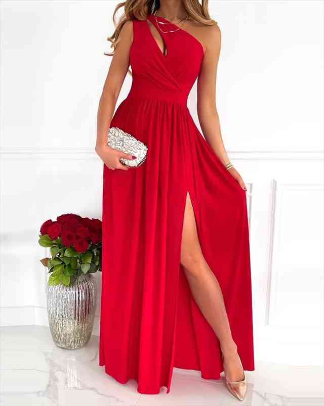 women party bridesmaids long dress hollow out sleeveless solid color club dress one shoulder high split robe femme, Black;gray
women party bridesmaids long dress hollow out sleeveless solid color club dress one shoulder high split robe femme, Black;gray