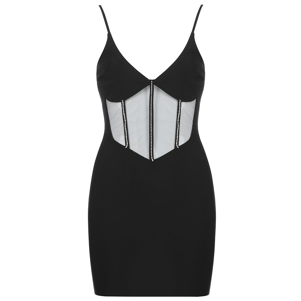 Crystal Embellished Bandage Dress Mesh Hollow Black Bodycon Celebrity Nightclub Party 210525