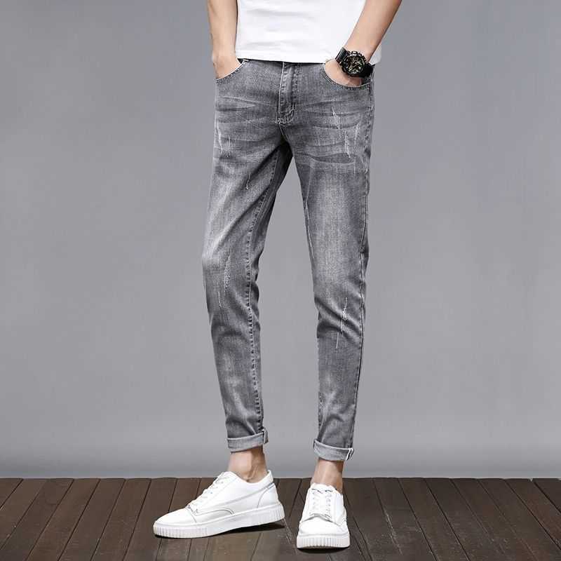 Mens Jeans Summer Slim Zipper Button Stretch Scratched Casual Cropped Trousers Softener Cotton Denim Pencil Pants X0621