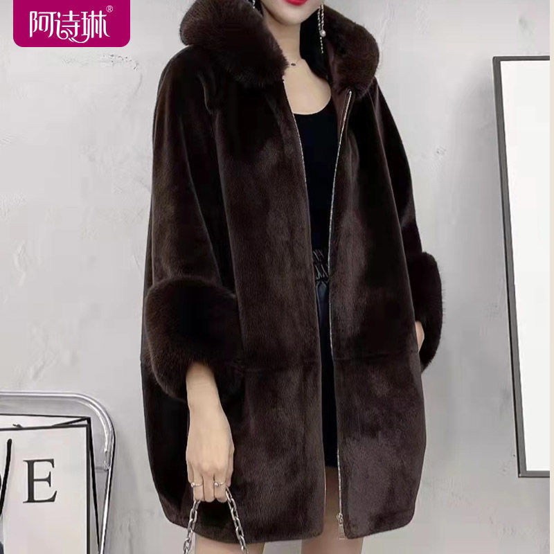 2021 Winter New Middle Long Imitation Whole Mink for Middle-aged and Elderly Women's Mother Coat with Large Fur Collar