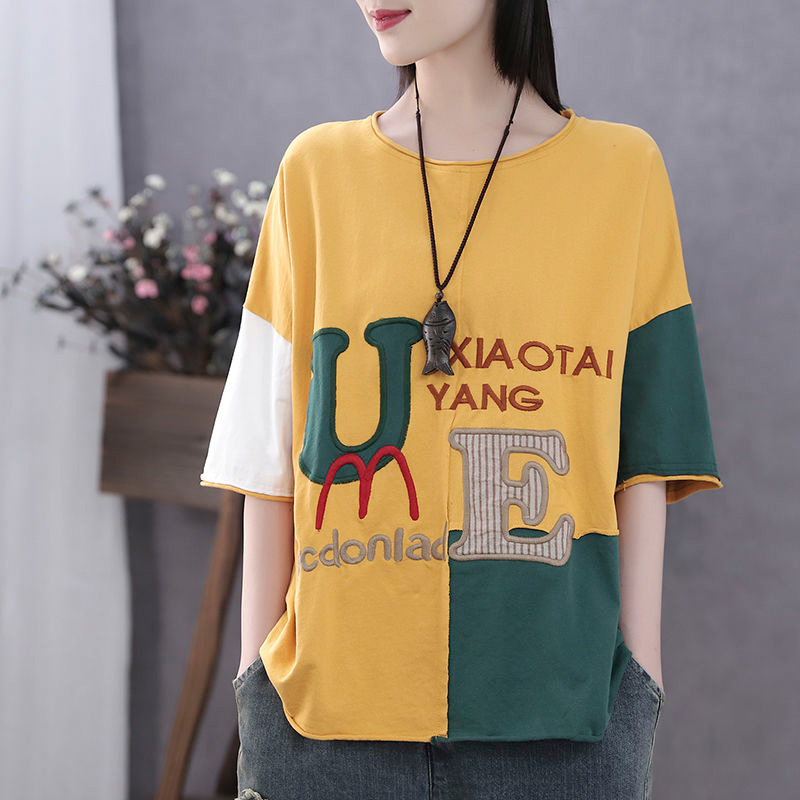 Summer Arts Style Women Short Sleeve Loose Cotton Tshirt Letter Embroidery Patchwork Tee Shirt Femme Casual Tops S752 210512