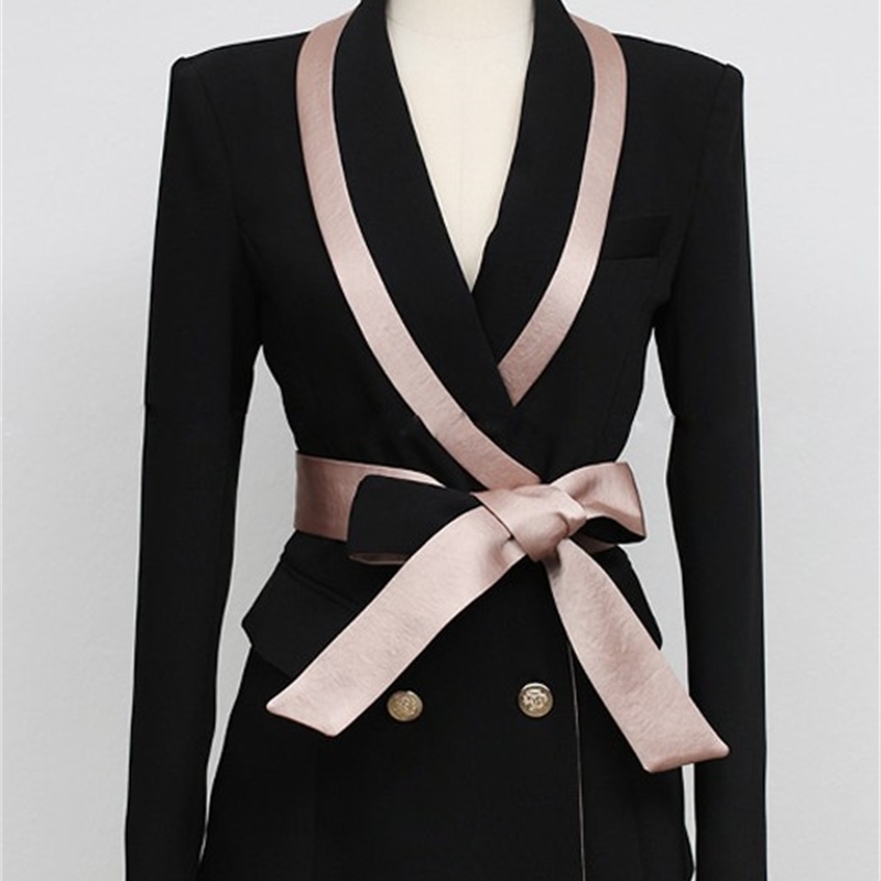 High Quality Spring Women Elegant Business Office OL Double breasted Hit Color Blazer Coat + Waist Flare Pants Suit 210519