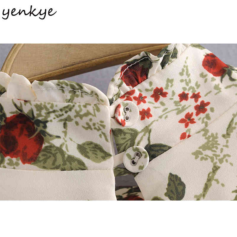YENKYE Vintage Prairie Chic Floral Print Dress Women High Neck Long Sleeve Casual Summer Chiffon Dress Short Robe Femme 210515