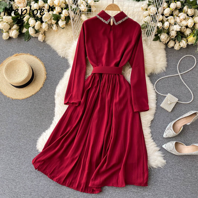 Neploe Vintage Court Style Temperament Dress Women High Waist Hip Sashes Vestidos Turn Down Collar Long Sleeve Robe Red Dresses 210422