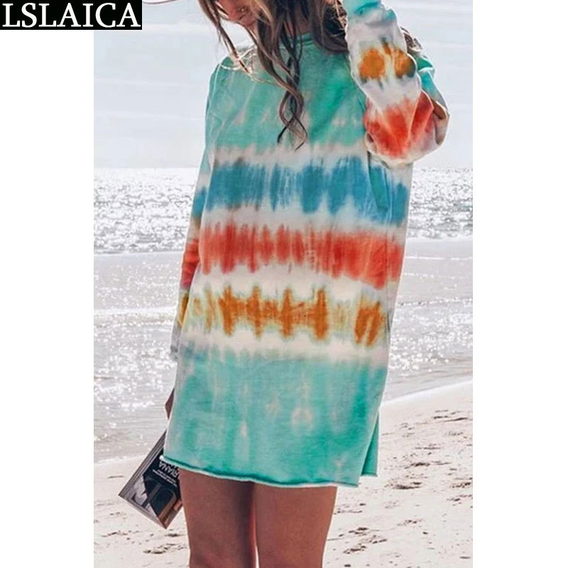 Loose Long Sleeve Dresses O-Neck Tie-Dye Casual Plus Size Homewear Fashion t Shirt Women Vestidos Para Mujer 210515