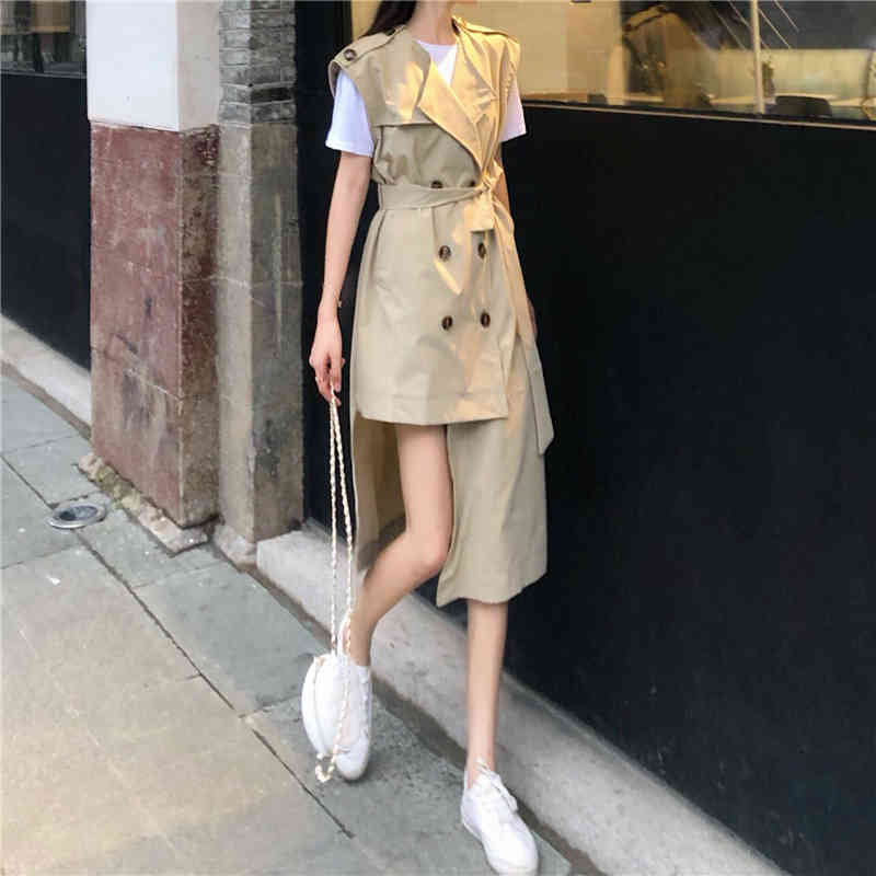 Spring Trench Coat Pattern Lapel Sleeveless Solid Double Breasted Asymmetrical Vest Women Free Belt 210506