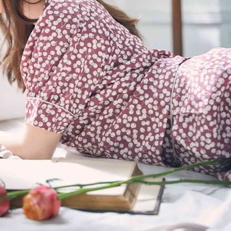 Vintage Print 2 Pcs Women Set Turn Down Collar Short Sleeve Shirt + High Waist Wide Leg Shorts Spring Pajama Suit 210524