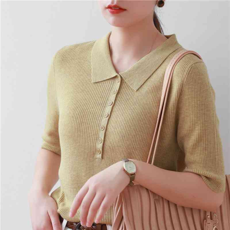 Fall Fashion POLO Lapel Sleeve Knit Sweater Women's Reduced Age Retro Solid Color Slim-fitting All-match Pullover 210520, Color 02 
Fall Fashion POLO Lapel Sleeve Knit Sweater Women's Reduced Age Retro Solid Color Slim-fitting All-match Pullover 210520, Color 02