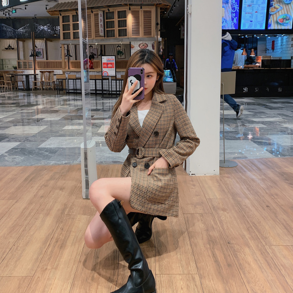 Spring Autumn Women's Sashes Jackets Notched Outerwear England Style OL Vintage Plaid Blazer Woolen Coat Tops Female 210506