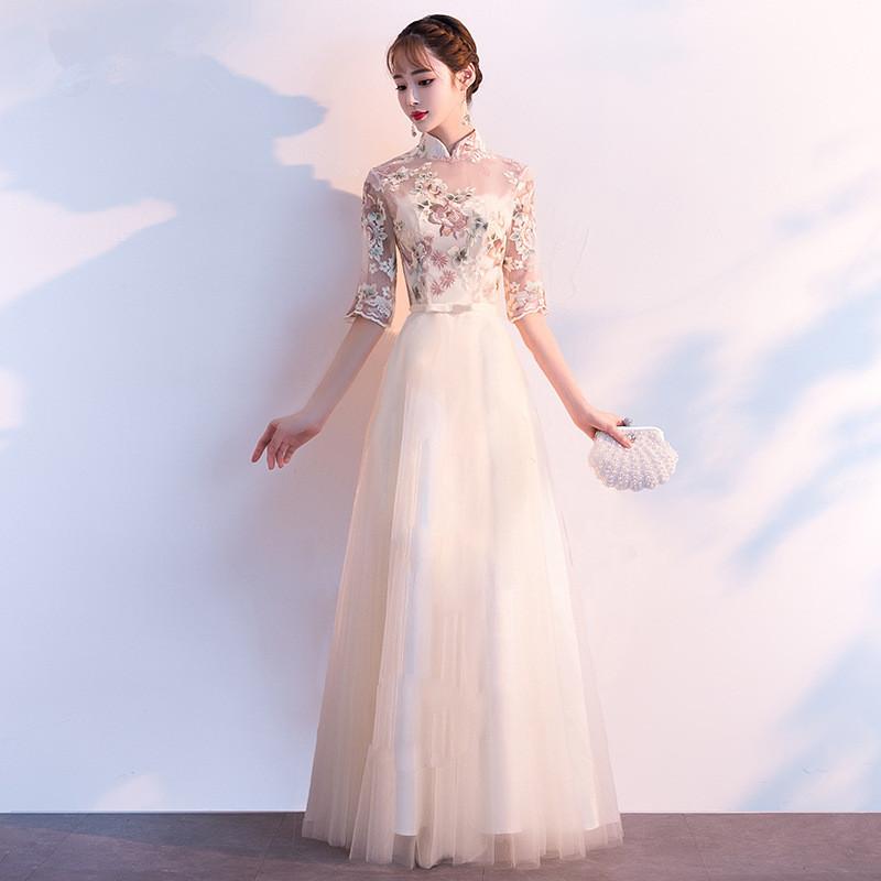 Sexy Perspective Mandarin Collar Female Lace Cheongsam Vintage Embroidery Flower Chinese Bride Wedding Dress Qipao Vestidos Ethnic Clothing