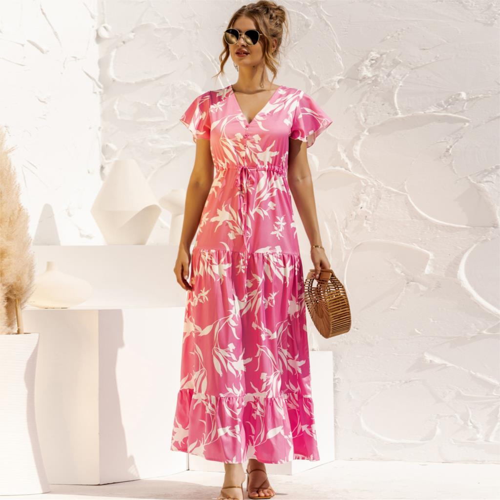 Women Boho Maxi Dress Summer V Neck Floral Print Lace Up Button Long Dresses Fashion Short Sleeve Ruffles Beach Female Robe 210522