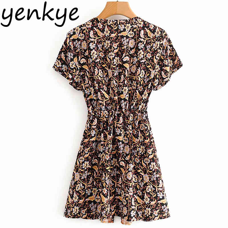Floral Print Boho Beach Dress Women V Neck Short Sleeve Dress Drawstring Waist A-line Casual Holiday Summer Dress Short Sundress 210515