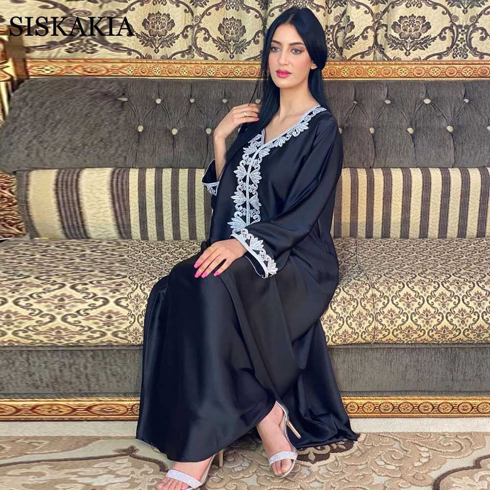 Siskakia Satin Maxi Dress for Women Elegant Ethnic Embroidery Gilding Jalabiya Muslim Dubai Arabic Moroccan Kaftan Robe Green 210729