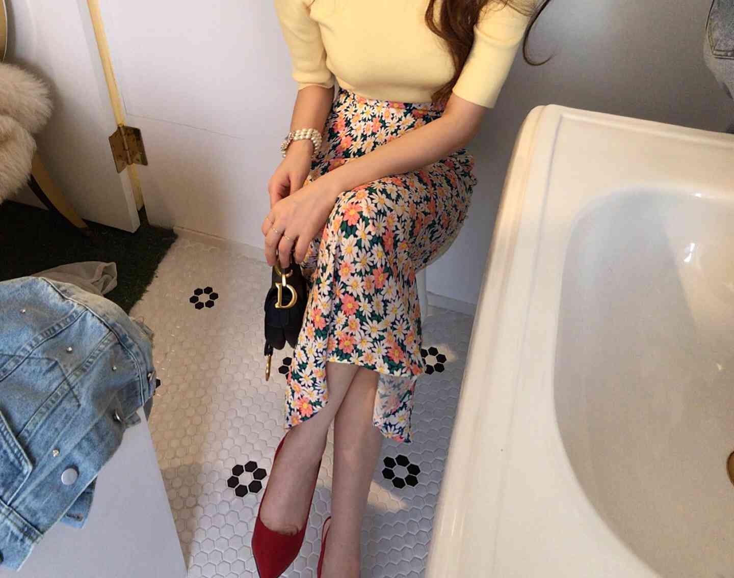 Fashion 2 Piece Set summer Women Knitted O Neck Puff Sleeve T Shirts + High Waist Floral Print Long Skirt 210519
