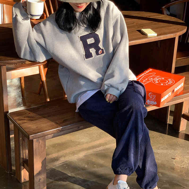 Nomikuma Fleece Pullover Sweatshirt Causal Korean Letter Applique Top Jumper Autumn Winter Long Sleeve Women Hoodies 6D453 210427