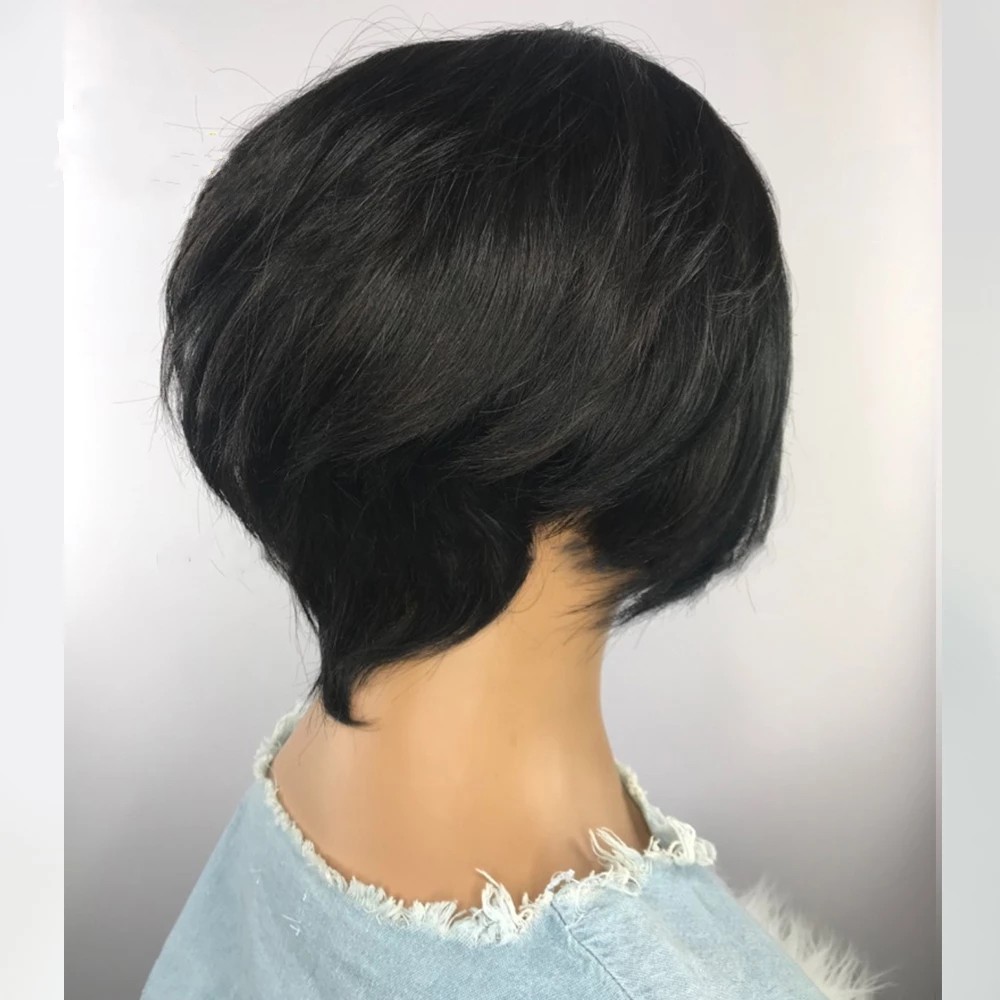 Short Cut Wavy Bob Pixie Wig None Lace Front Human Hair Wigs With Bangs For Black Women Full Machine Made Remy Brazilian