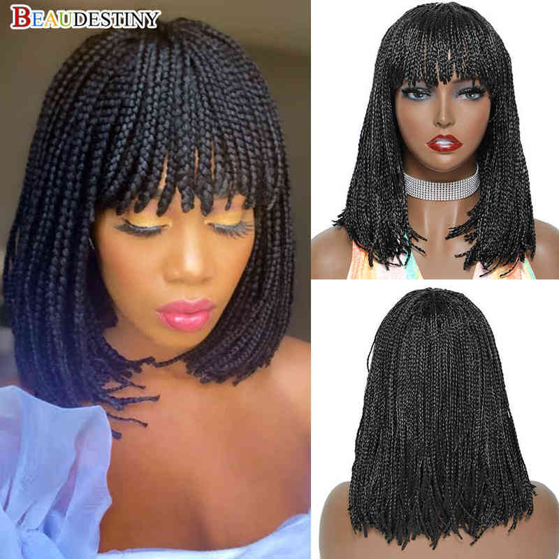 Hairpiece Short Braided Wigs for Black Women Heat Resistant Crochet Box Bob with Bangs African Synthetic Braiding Hair 0121